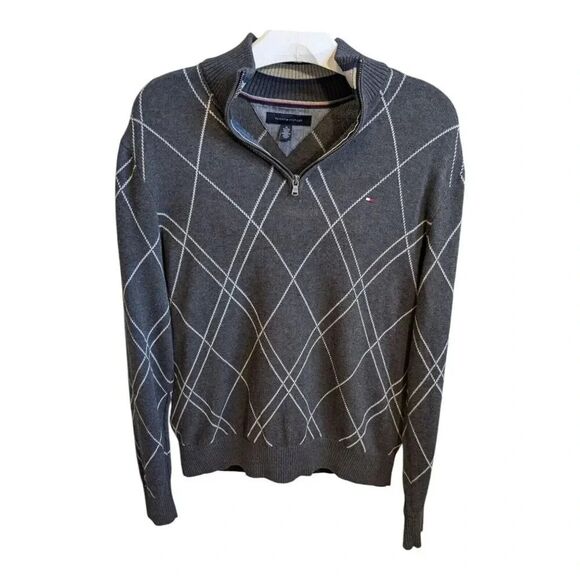 Tommy Hilfiger Men 1/2 Half Zip Mock Turtle Neck Argyle Solid Sweater XLT Gray - Picture 1 of 8